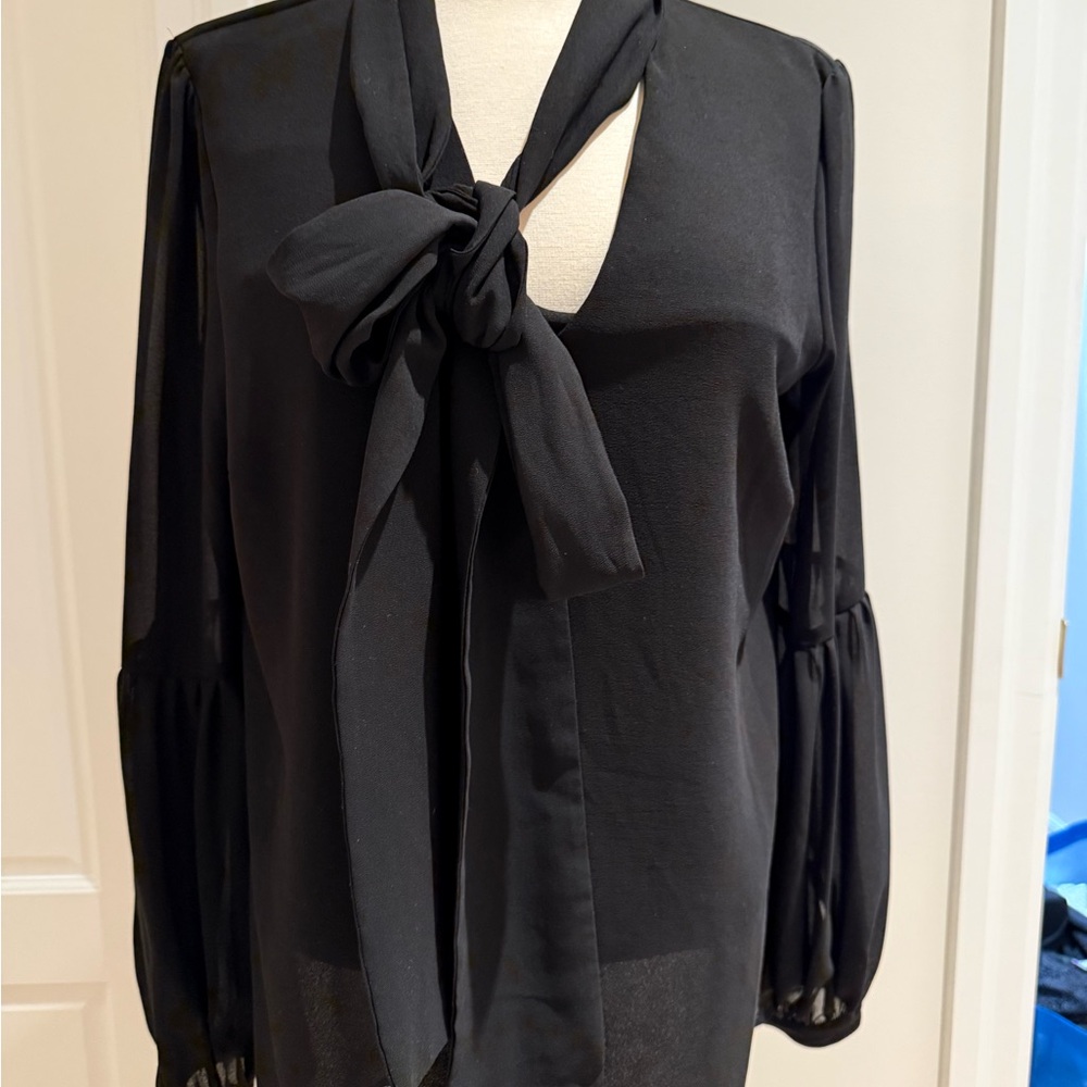 Michael Kors Black Blouse with Puff Sleeves and Tie Front